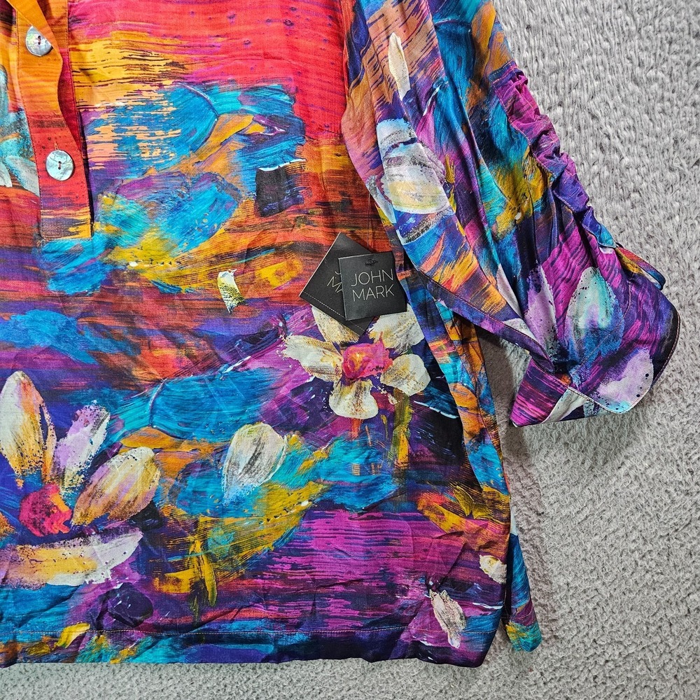 $119 NEW John Mark Top Shirt Women 2X 1/2 Button Floral Painting Lightweight - Picture 2 of 11